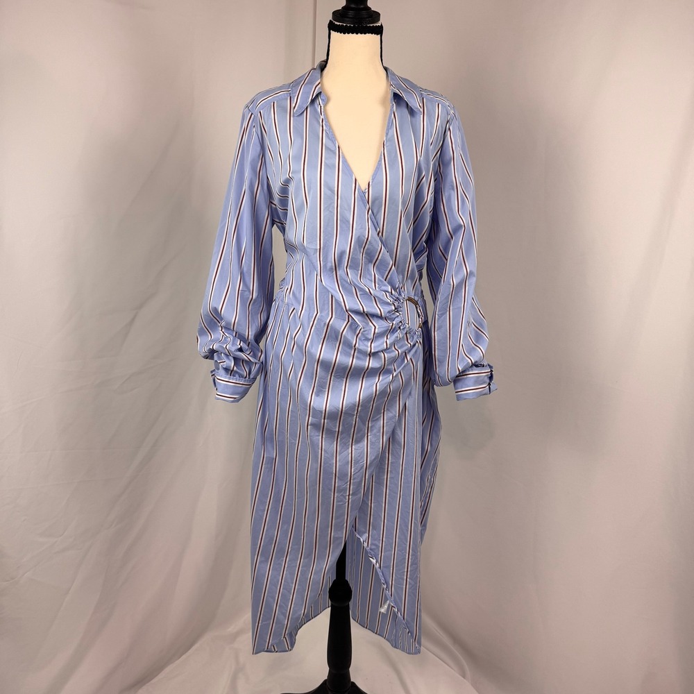 Veronica Beard Afton Blue Burgundy and White Striped Wrap Midi Dress Women 14